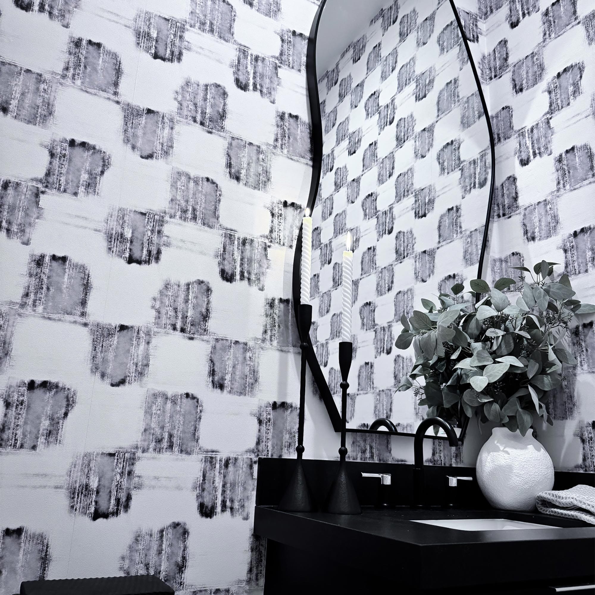 Bold Powder Room Makeover with Watercolor Checkered Wallpaper