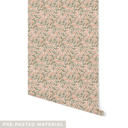Floral Vine Wallpaper Wallpaper Urbanwalls Pre-pasted Coral & Beige DOUBLE ROLL : 46" X 4 FEET