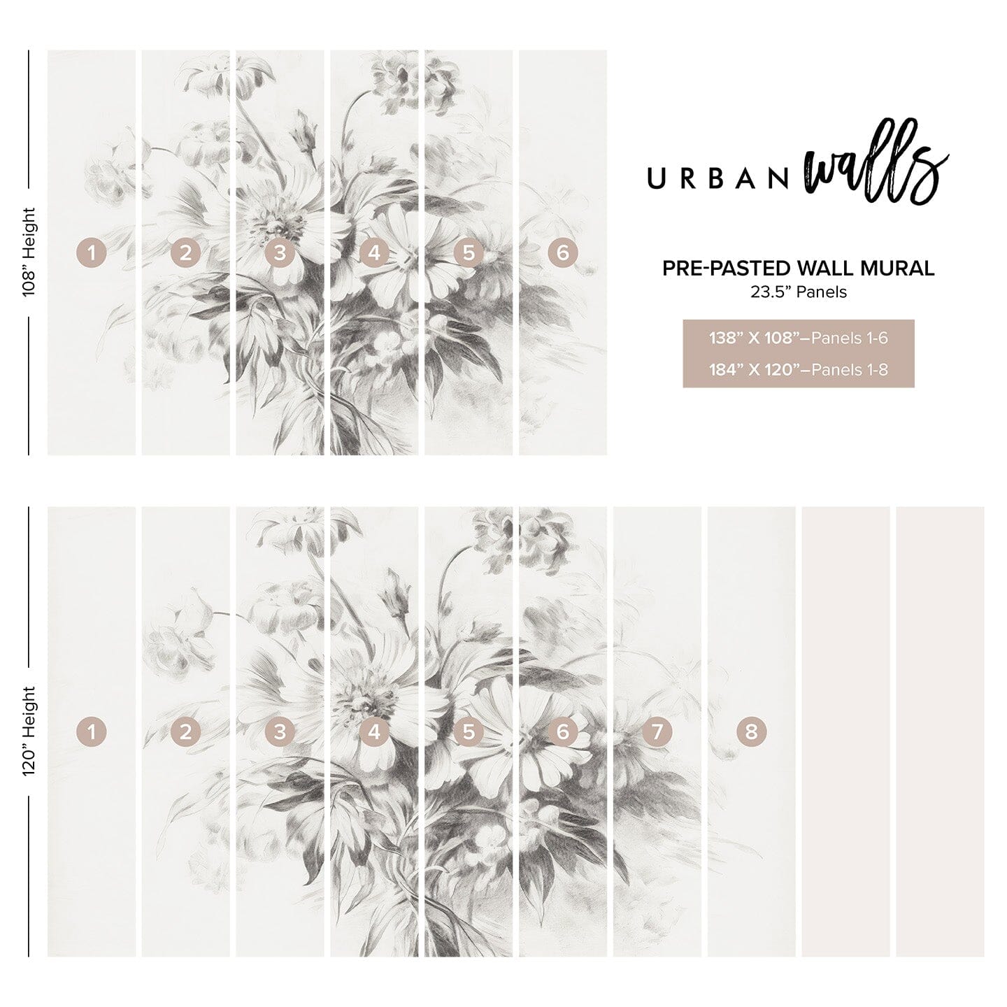 Sketched Florals Wall Mural Murals Urbanwalls Pre-pasted 138" X 108" Grey