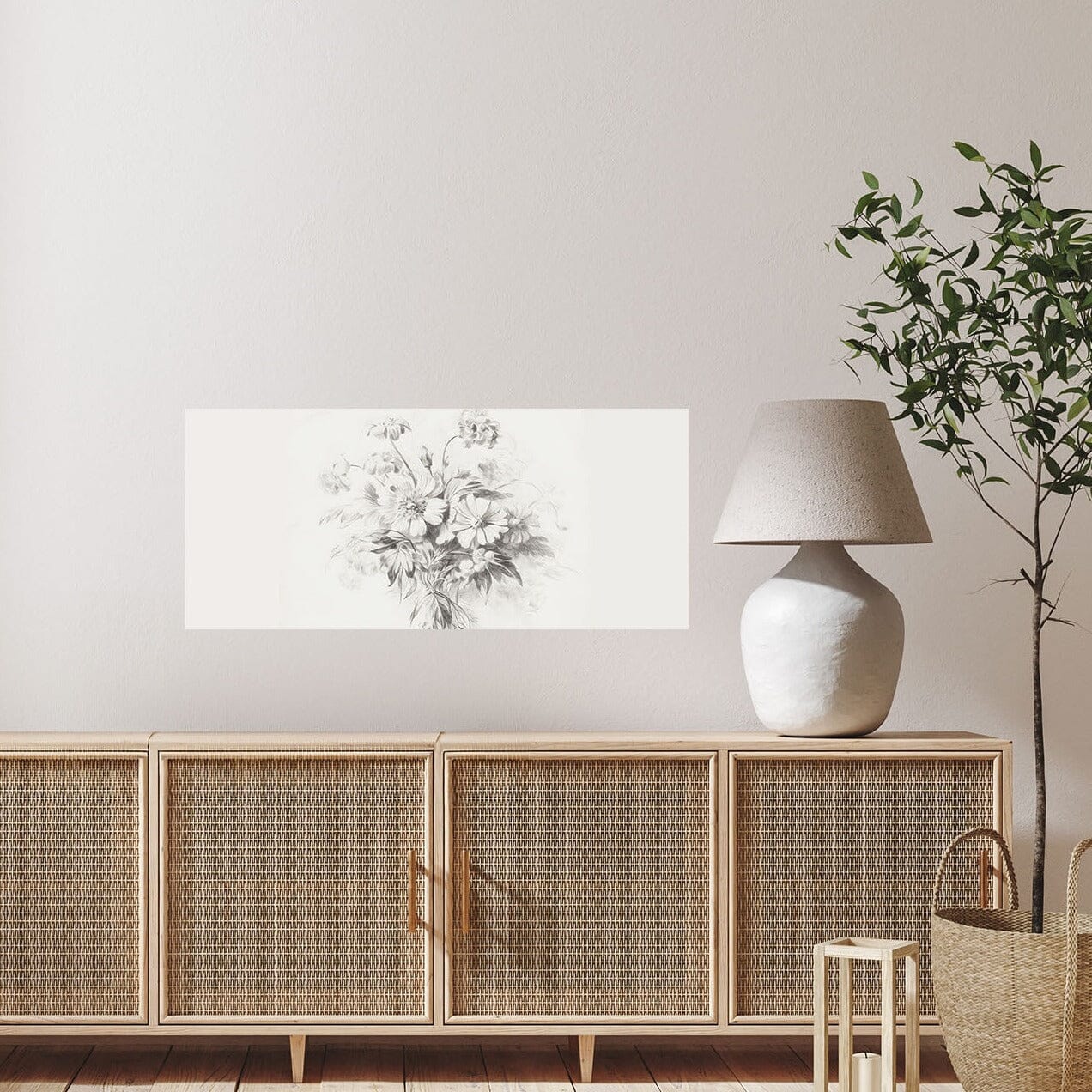 Sketched Florals Wall Mural Murals Urbanwalls Standard Wall 47" X 20" Grey