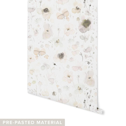 Watercolor Wildflowers Wallpaper Wallpaper Urbanwalls Pre-pasted DOUBLE ROLL : 46" x 4 FEET White