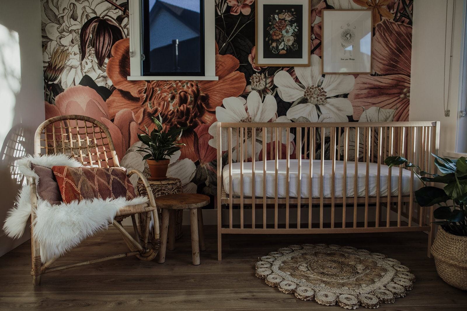 A Bohemian Floral Wall Mural for a Warm Nursery Design