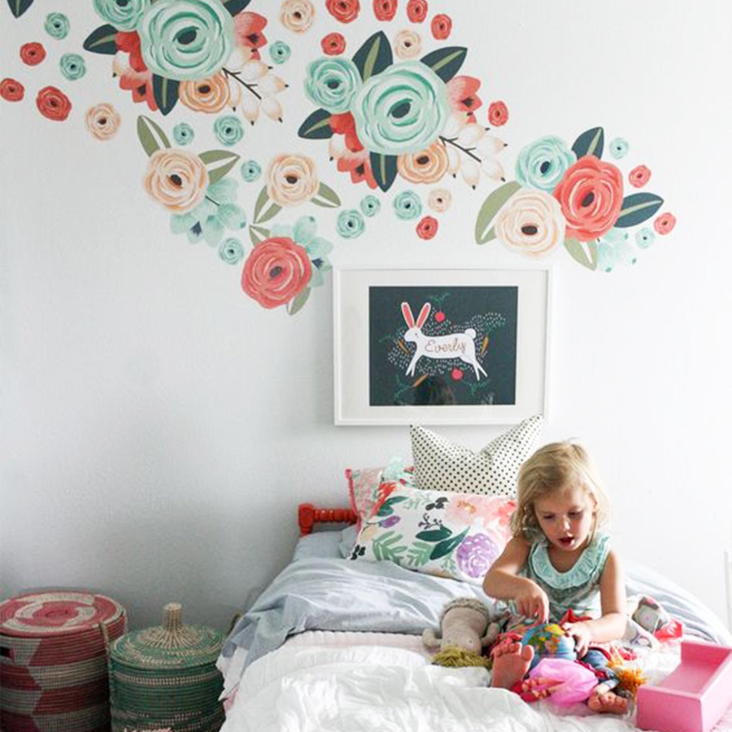 Coral/Teal/Peach Graphic Flower Wall Decals Decals Urbanwalls 