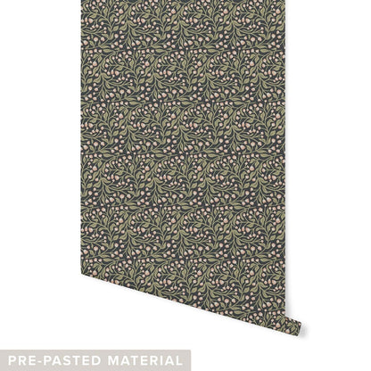 Floral Vine Wallpaper Wallpaper Urbanwalls Pre-pasted Blush & Dark Green DOUBLE ROLL : 46" X 4 FEET