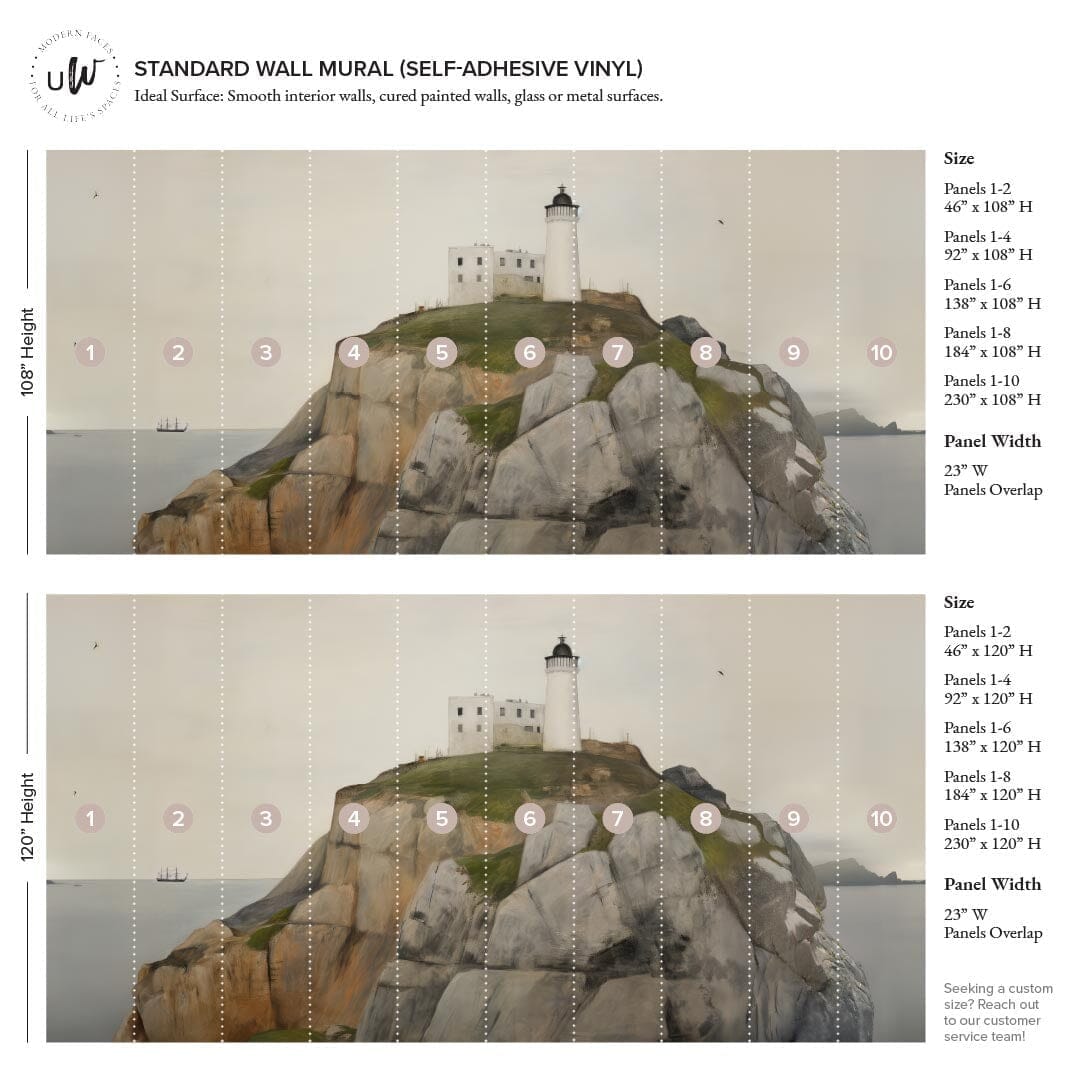 Lighthouse Wall Mural Murals Urbanwalls Peel & Stick 46" X 108" Grey