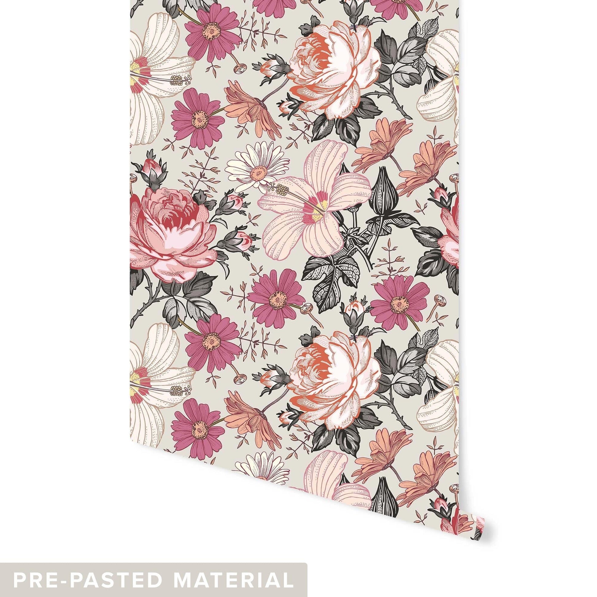Prairie Floral Wallpaper Wallpaper Urbanwalls Pre-pasted DOUBLE ROLL : 46" X 4 FEET Rose