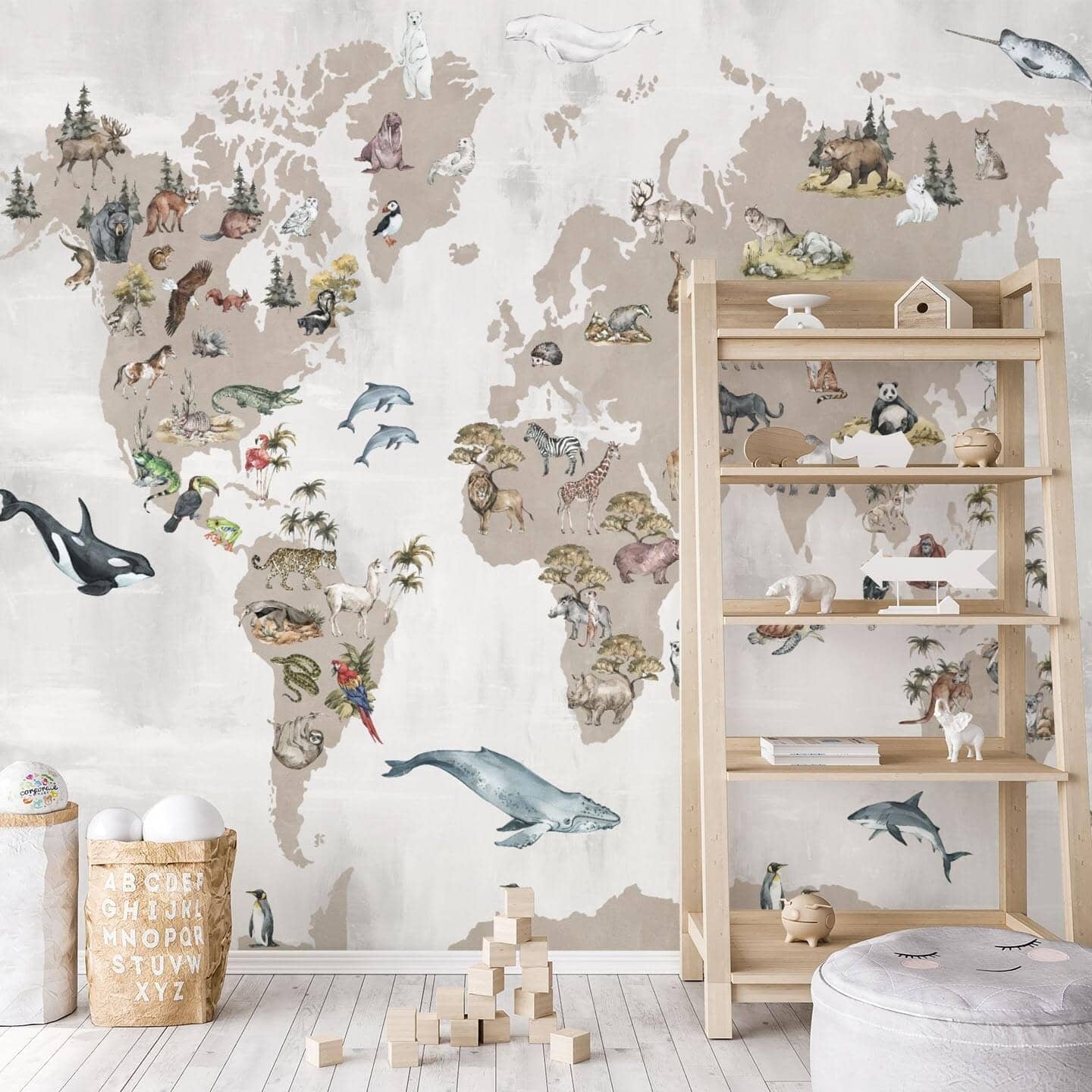 Kids World Map Wall Mural with Animals Wallpaper Removable Child newest Room Playroom Nursery Bedroom Art Self Adhesive Peel and Stick Wallpaper