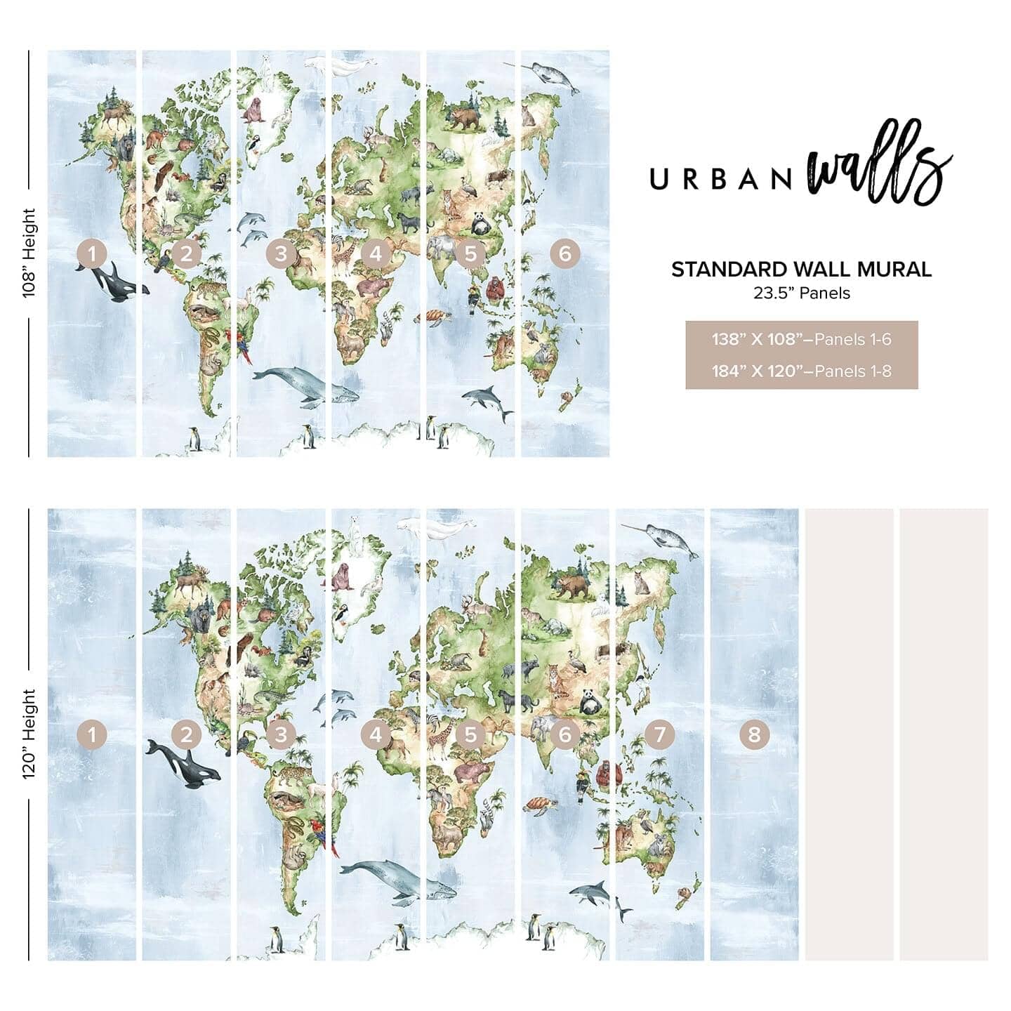 Animal World Map Wall Mural Murals Urbanwalls Standard Wall 138" X 108" Colorful