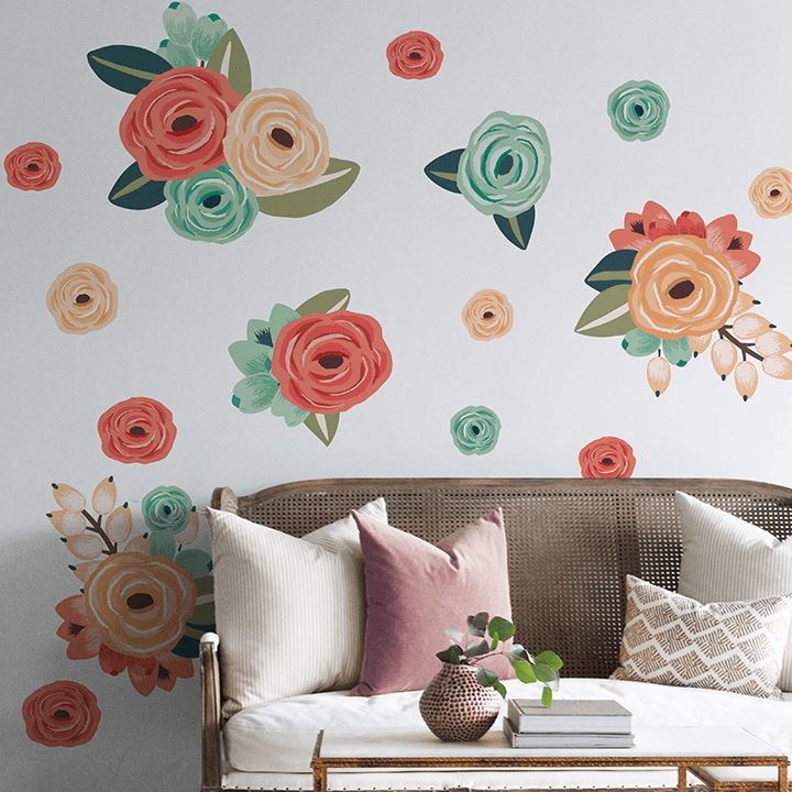 Coral/Teal/Peach Graphic Flower Wall Decals Decals Urbanwalls Standard Wall Full Order 